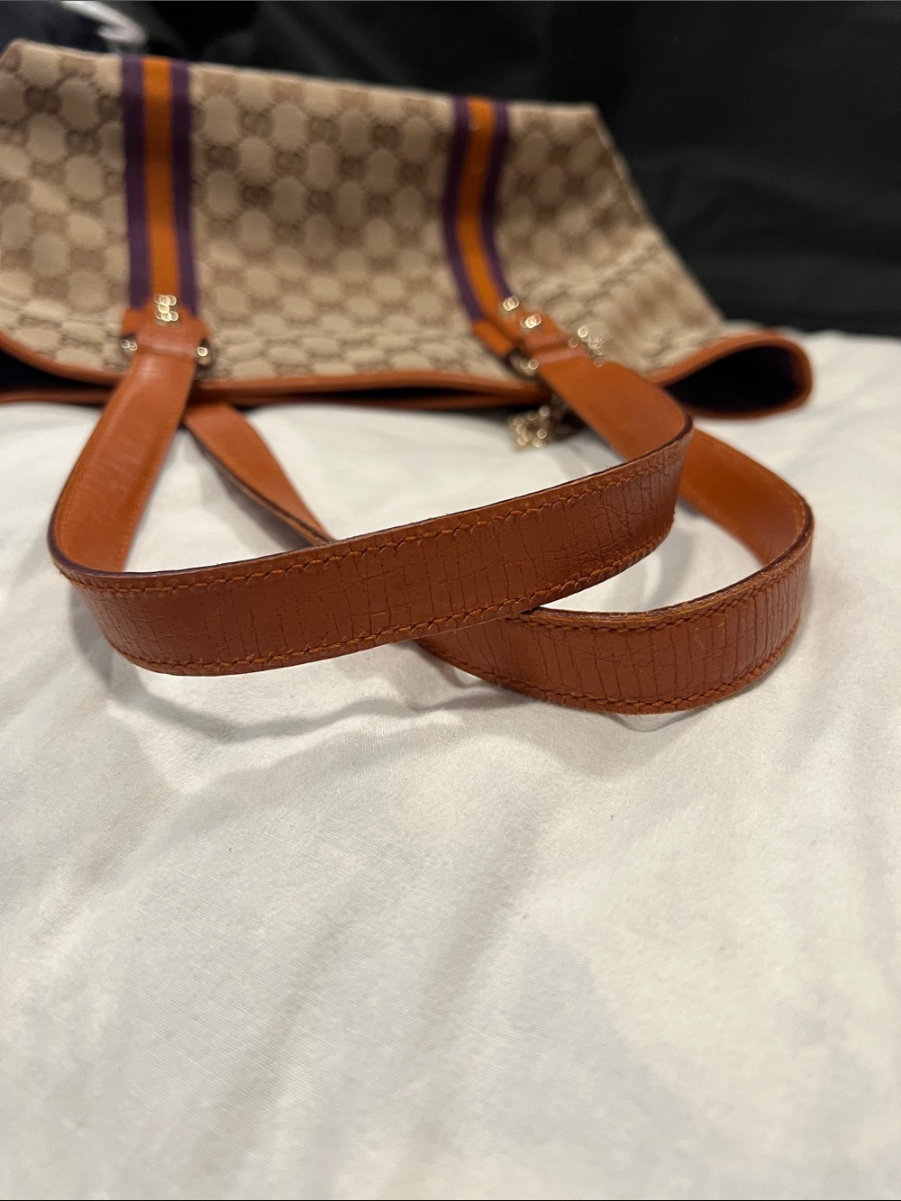 Gucci Beige GG Canvas Tote with Orange Leather Handles and Purple/Orange Stripes - Picture 7 of 11